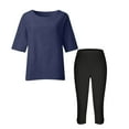 thumbnail image 4 of Paiyanr Cotton Linen Sets for Women Summer Breathable Tops Capris 2 Piece Outfits Loose Casual Solid Color Flax Round Neck 3/4 Sleeve Tops Cropped Pants Set, 4 of 6