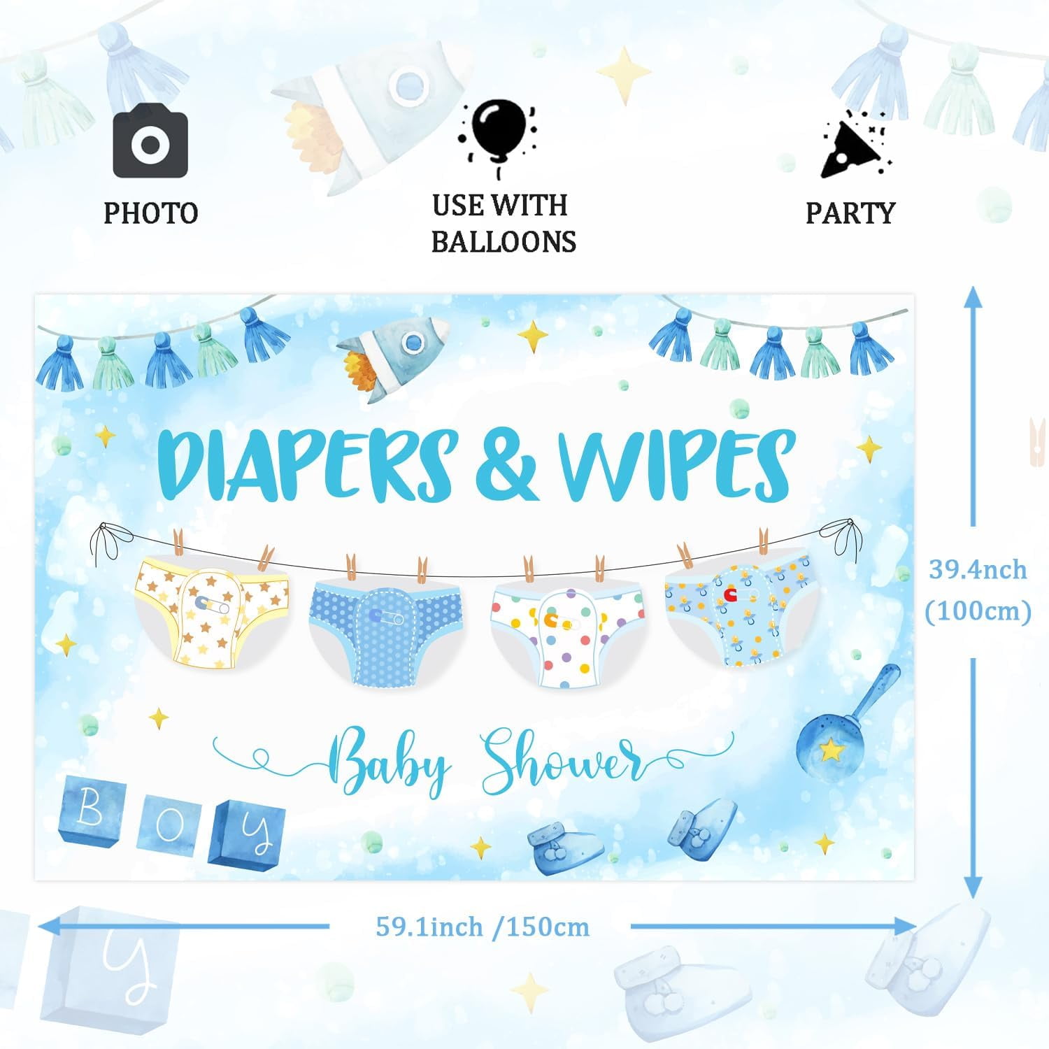 Diapers & Wipes Theme Backdrop Baby Shower Party Decorations Blue and White Diaper Rocket Photograph Background Banner Photo Booth Props for Boys Diaper Theme Baby Shower Party Decor Supplies 5x3ft