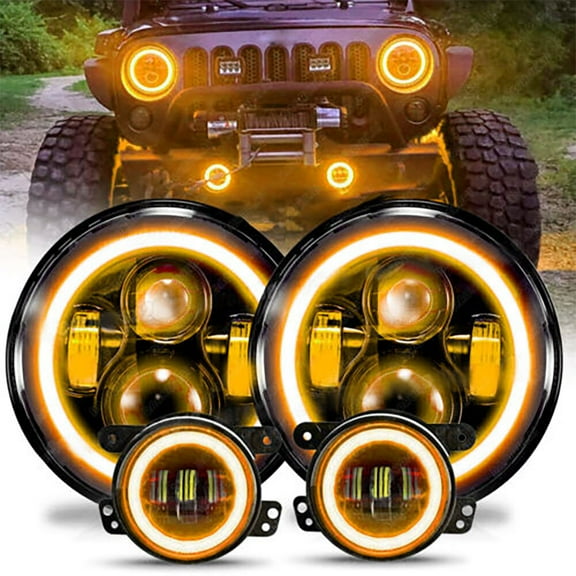 Amber Halo 7" LED Headlights DRL   4" Fog Combo Kit For Jeep Wrangler JK JKU 200