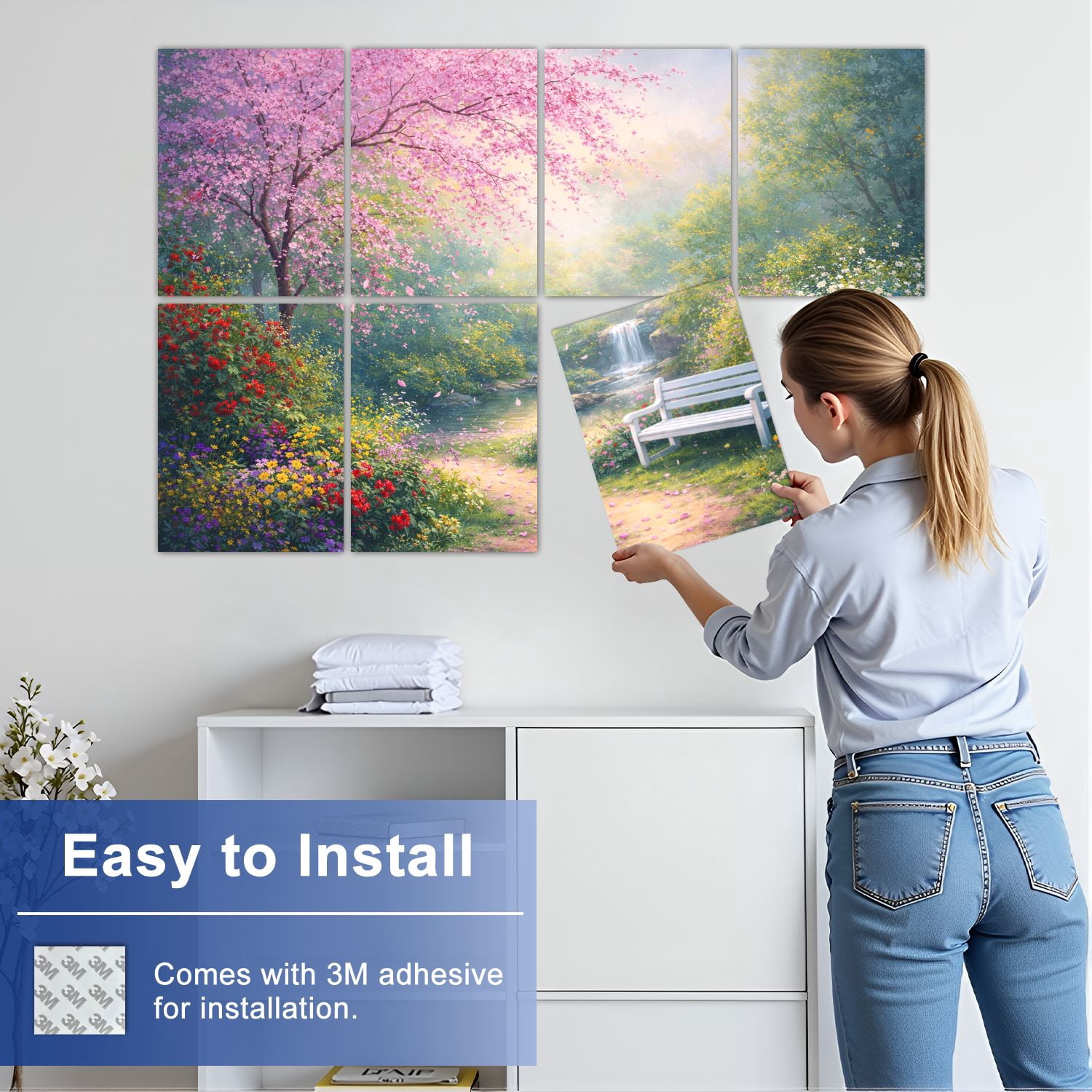 8 Pack Art Acoustic Panels Sound Absorbing Romantic Spring Garden Blossoming pink Decorative Soundproof Wall Panels Self Adhesive for Nursery Game Room Bedroom 48"x32"