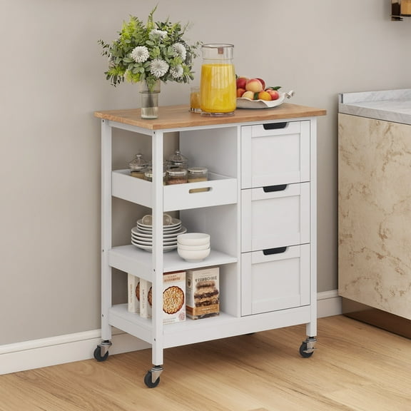 Dextrus 3-Tier Kitchen Island with Storage, Kitchen Storage Cart with Countertop & Drawers, White