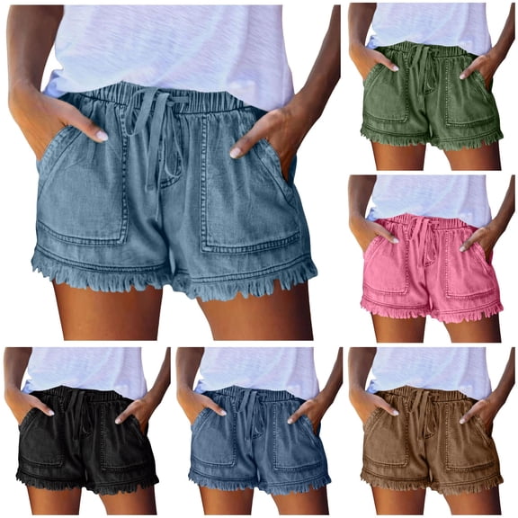 XIAONU Solid Denim Shorts for Women Ruffled Drawstring Waist Vacation Wear Shorts