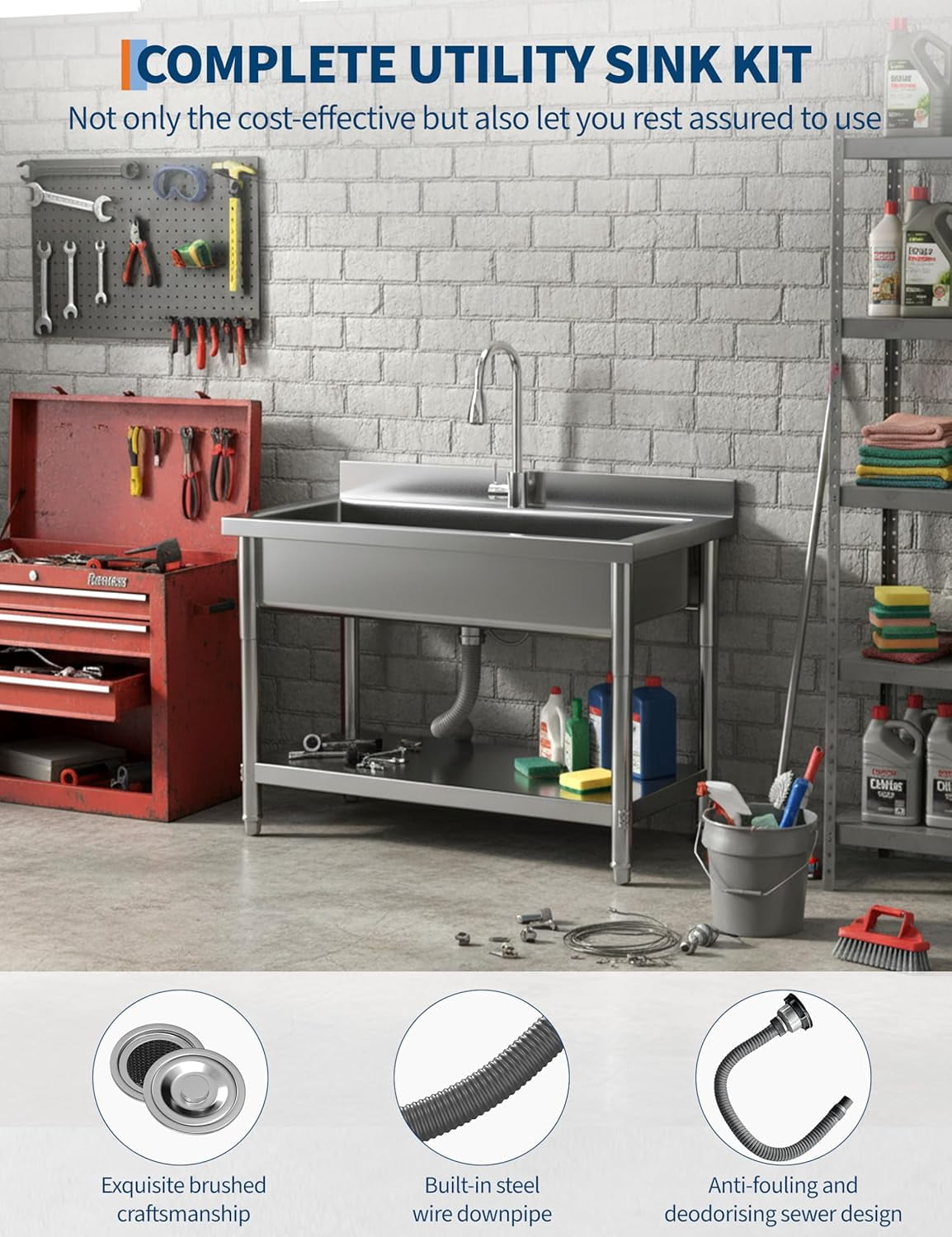 QinaQin Stainless Steel Utility Sink,Commercial Free Standing Kitchen Sink with Hot/Cold Water Pipes,Heavy-Duty Single Bowl,Stainless Steel