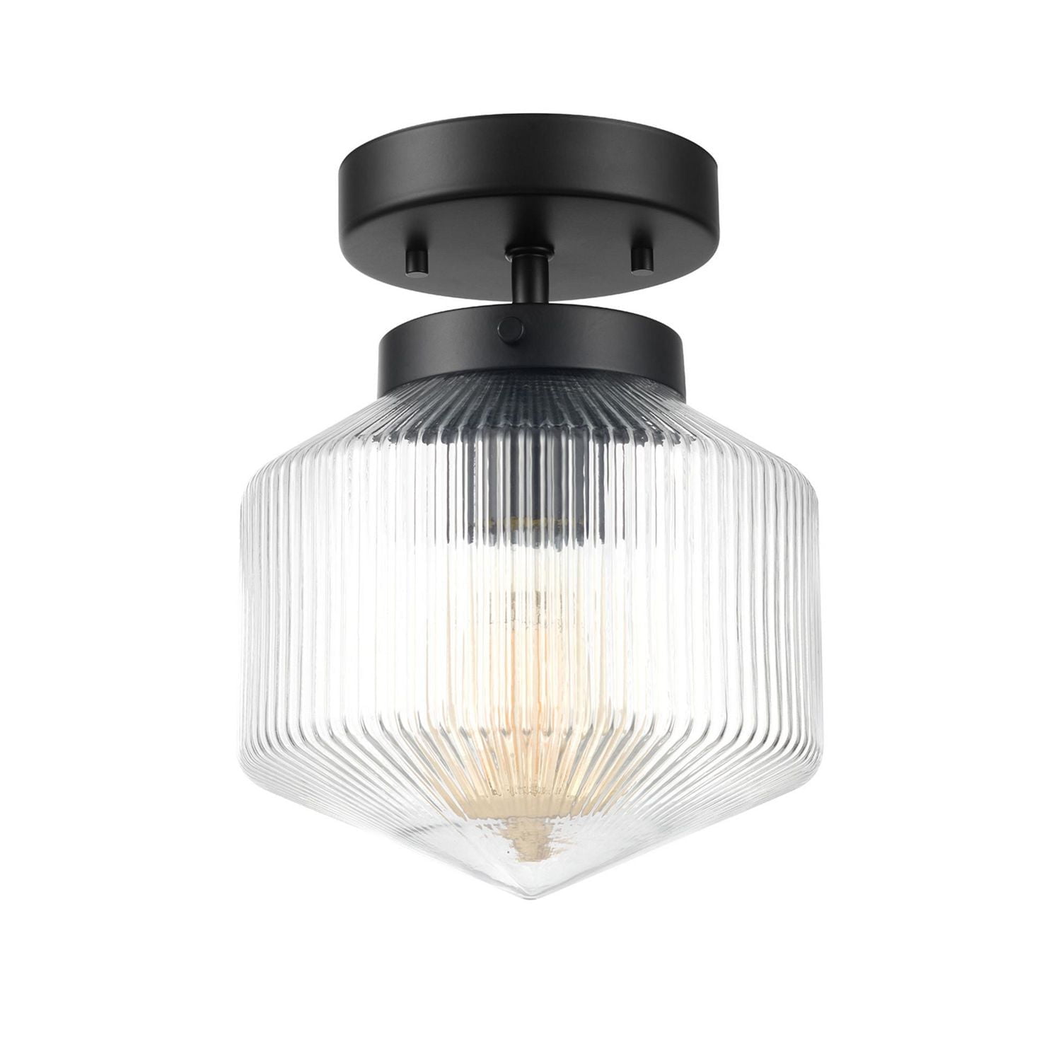 1-Light Matte Black Flush Mount Ceiling Light with Ribbed Glass Shade