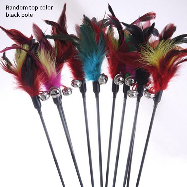 Pet Teaser Plastic Long Handle Teasing Rod Stick Feather Stick Feather Pet Bell Interactive Pet Toy, Black