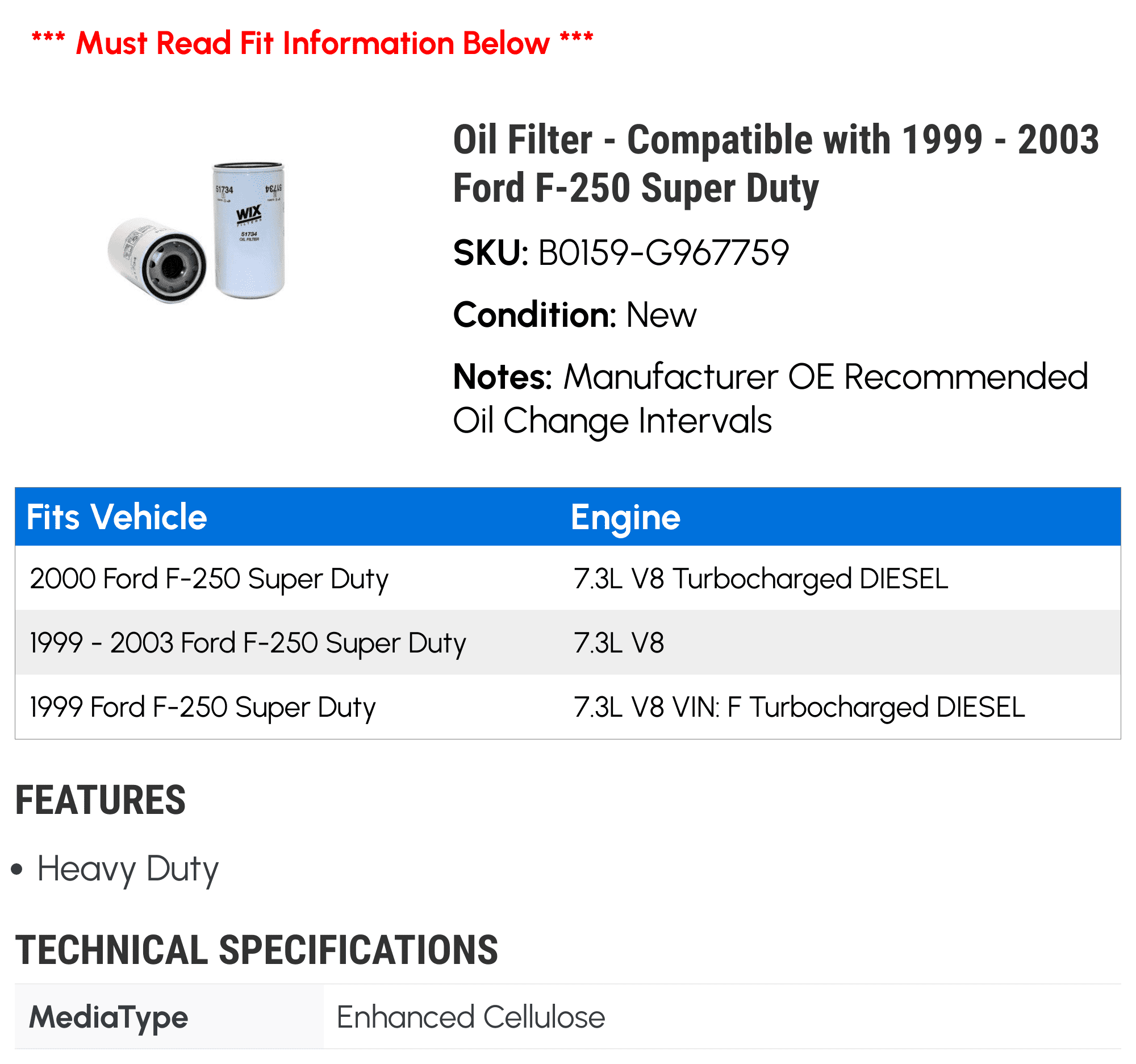 Oil Filter - Compatible with 1999 - 2003 Ford F-250 Super Duty 2000 2001 2002