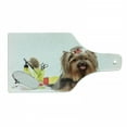 thumbnail image 1 of Yorkie Cutting Board, Yorkshire Terrier with Hairdressing Equipment Mirror Scissors, Decorative Tempered Glass Cutting and Serving Board, Wine Bottle Shape, Dark Brown Multicolor, by Ambesonne, 1 of 1