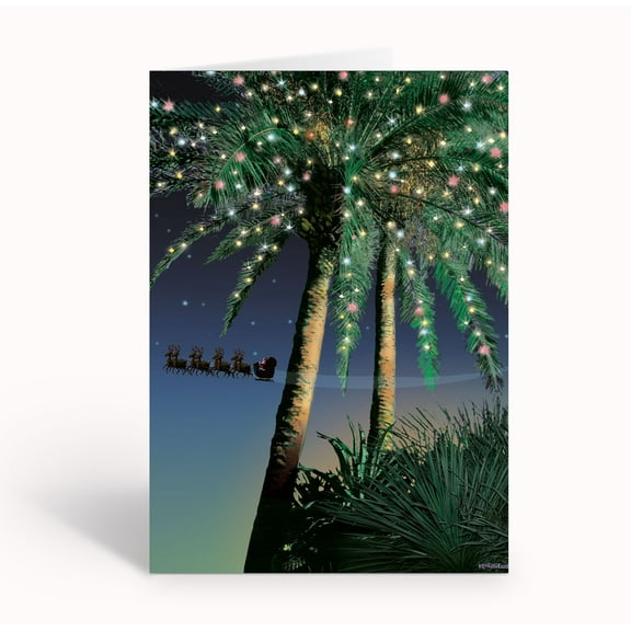 Holiday Palm Santa Flyby Tropical Christmas Cards - 18 Christmas Cards and Enveo