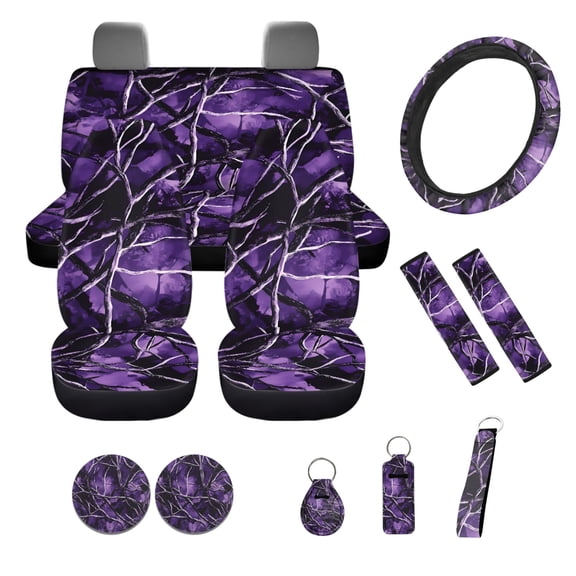 Yuyamidu Camo Hunting Car Seat Covers Set of 12 Purple Wood Steering Wheel Cover Seatbelt Cushion Pad Cup Holder Chapstick Sleeve Keychain Wrist Strap Key Chain Car Accessories