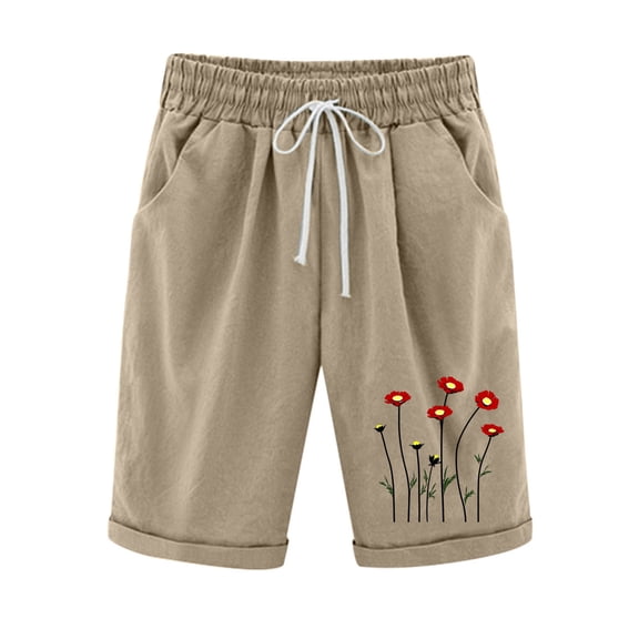 CQONEPT Half Pants for Womens Printed Elastic Waist Leisure Baggy Shorts Wide Leg Summer Vacation Streetwear Short Pants Khaki M
