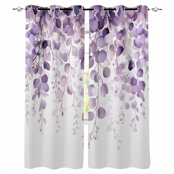 Fsddascl Purple Eucalyptus Blackout Curtains for Bedroom/Living Room, Thermal Insulated Kitchen Curtains, Spring Botanical Plant Aesthetic Grommet Darkening Window Treatment Drapes 42"x84"x2