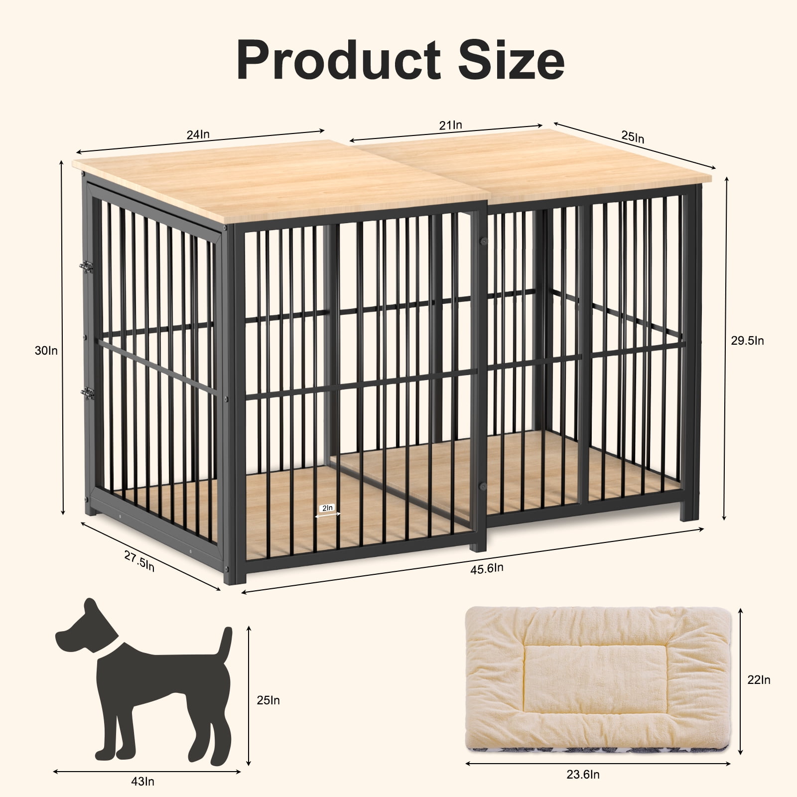 Erinnyees Large Dog Crate Furniture, Retractable Dog Kennel Furniture, Wooden Large Dog Kennel Indoor, Heavy-Duty Dog Cage Furniture with 3 Levels of Adjustable Size,45.6" L