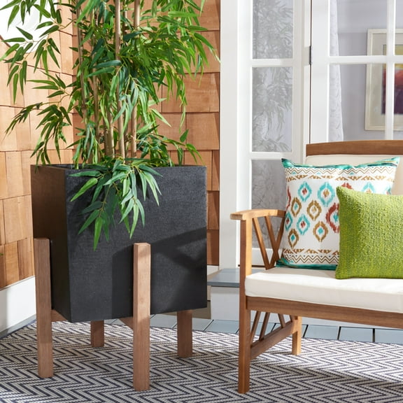 SAFAVIEH Anston Modern Glam Square Patio Planter with Stand, Natural/Black