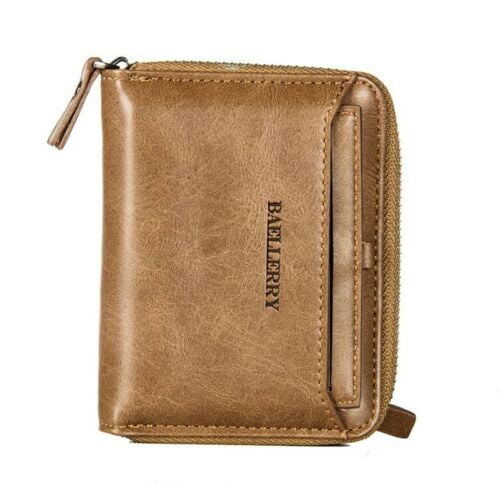 Microseven DT Men's Mens Brown Leather Bifold Credit ID Card Holder Wallet with Zipper Coin Pocket Purse