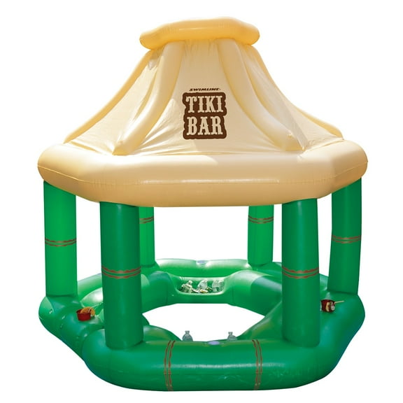 Swim Central 7.5' Cream and Green Tropical Inflatable Swimming Pool Floating Tiki Bar