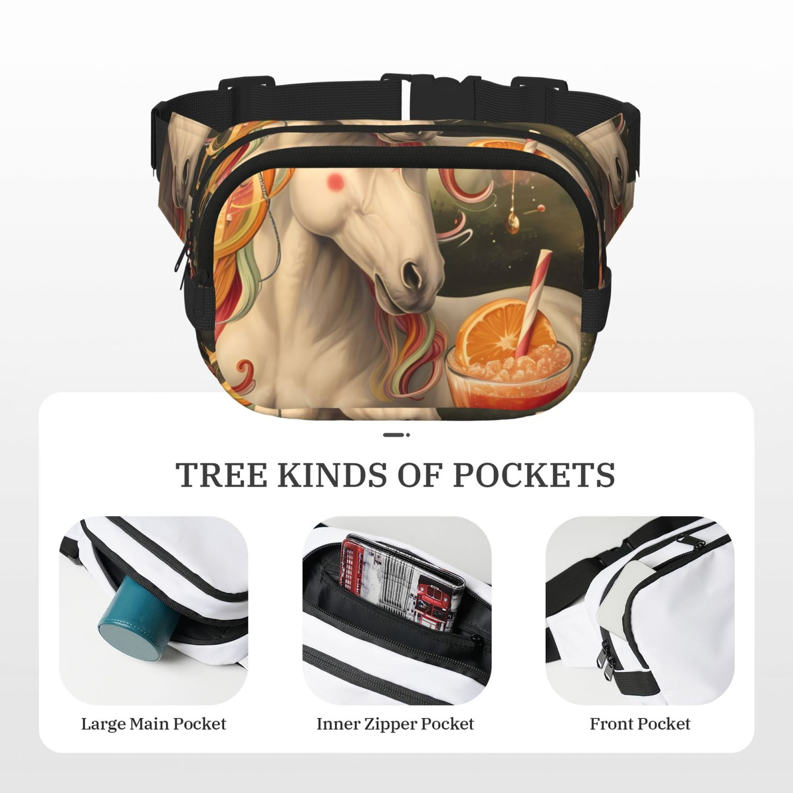 Picia Countryside Fruit White Horse Print Square Double-Layer Waist Bag Mini Adjustable Waist Belt Bag Exercise Running Travel Hiking