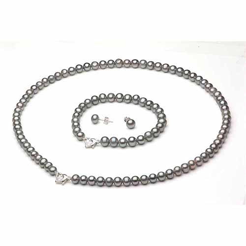 10-11mm Grey Freshwater Pearl Heart-Shape Sterling Silver Necklace (18"), Bracelet (7") Set with Bonus Pearl... by Jacqueline's Collection