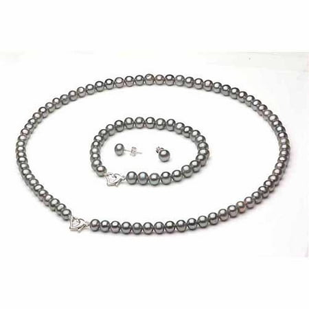 10-11mm Grey Freshwater Pearl Heart-Shape Sterling Silver Necklace (18), Bracelet (7) Set with Bonus Pearl Stud Earrings