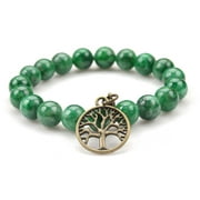 9mm Round Jade Gemstone Stretch Bracelet with Tree of Life Charm