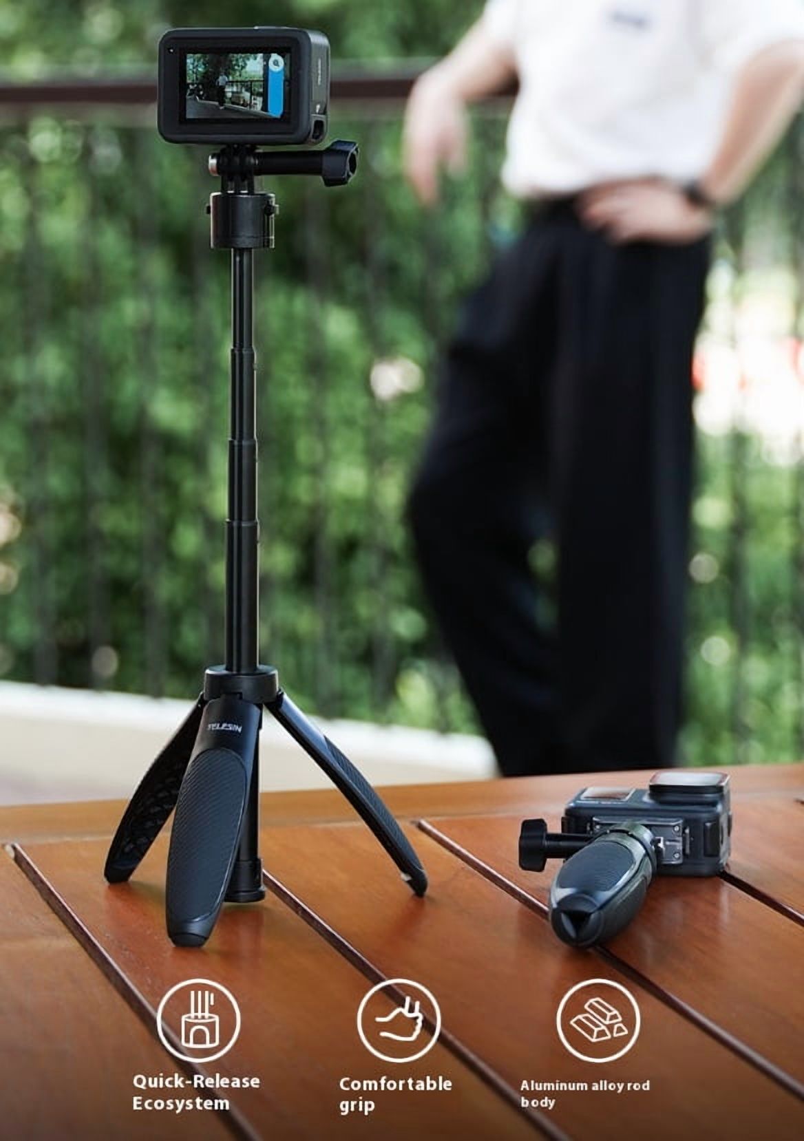 All-in-One Camera Tripod Grip - Bigcan Mini Selfie Stick Tripod for GoPro Hero 13/12/11/10, Action 4/3, Ace Pro, Adjustable Aluminum Extension Pole for Vlog Travel Desk Shooting
