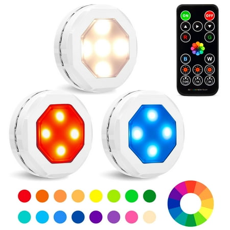 

Puck Lights with Remote Control Wireless Led Under Cabinet Light RGB Color Changing Battery Powered Closet Lights Stair Lights Dimmable Timing (3 Packs)