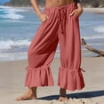 thumbnail image 2 of Women's Linen Wide Leg Pants Casual Cropped Crinkle Design with Drawstring Waist and Loose Fit Ruffled Hem Trousers for Everyday Wear Watermelon Red M, 2 of 5