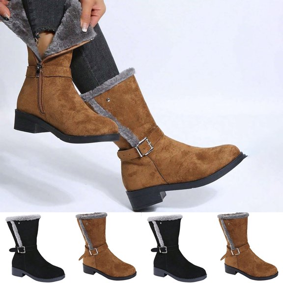 WAVSUF Slouch Boots for Womens Soft Sole Wide Width Anti Slip Winter Chunky Mid Calf Boots Brown 7.5