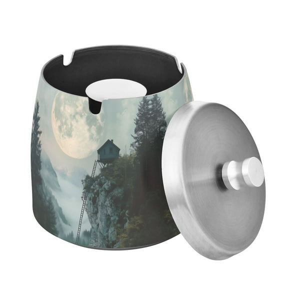 Yayeee Ashtray with Lid for Cigarette Smokeless Stainless Steel Home Ash Holder, Moon and House