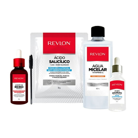 Revlon Set Aceite de Ricino Agua Micelar Vitamina C Mascarilla Facial y Suero de Ácido Salicílico