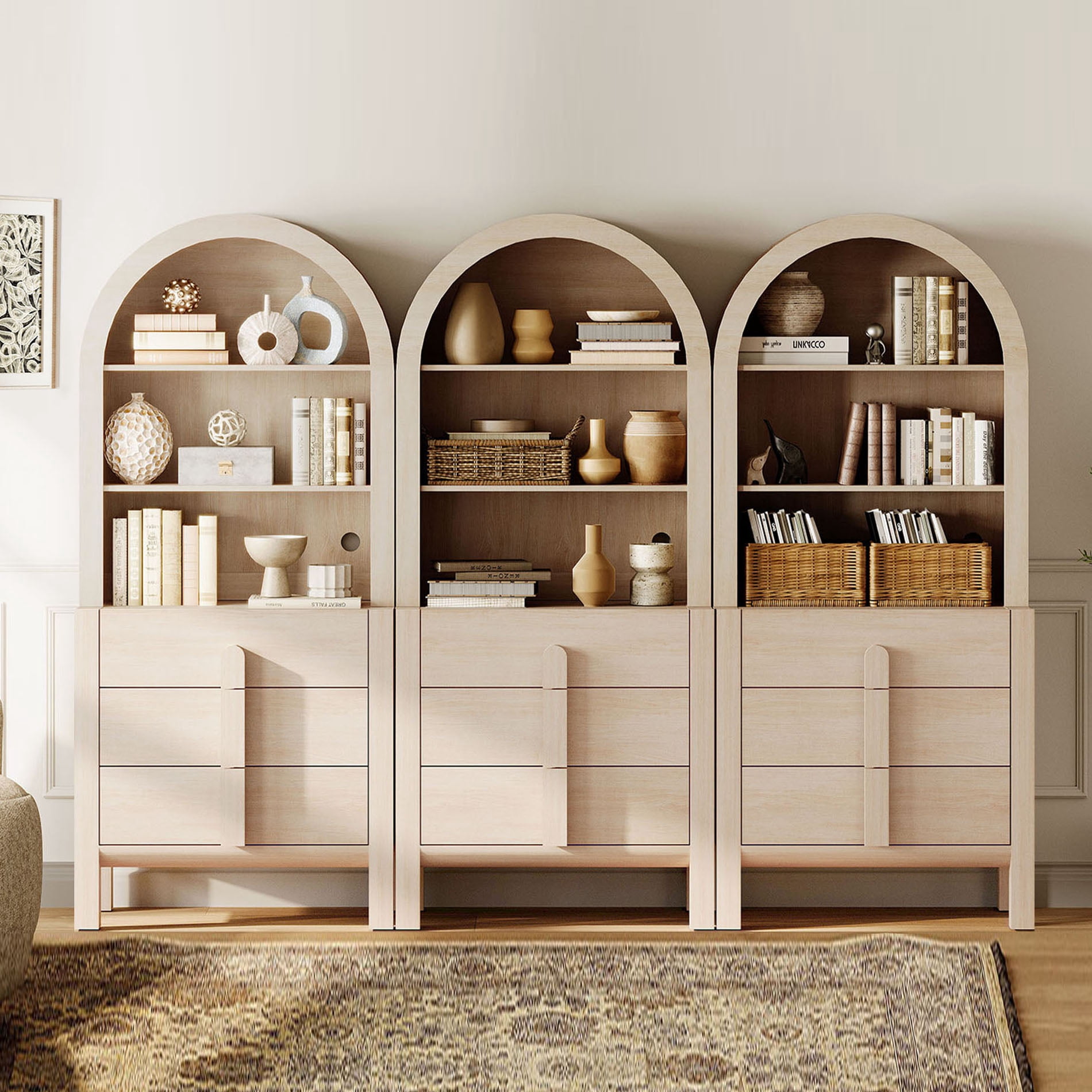 71"H X 94.5"W Tall Arched Bookshelf, Modern 9 Tier Bookcase with Open Storage, Wooden Display Cabinet with Drawer and Shelves, Versatile Bookshelf for Living Room, Study, Office