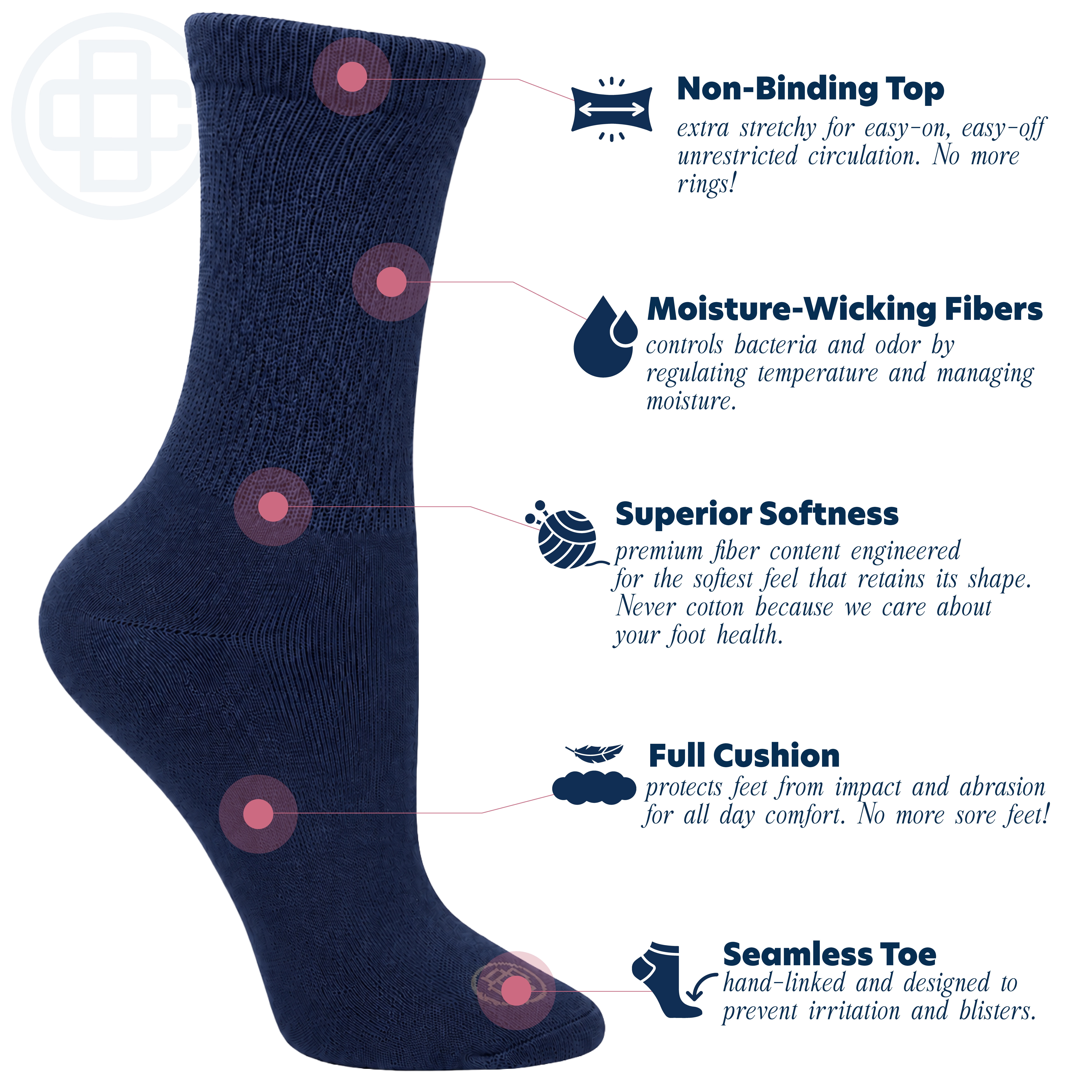 Doctor's Choice Diabetic Full Cushion Crew Women's Socks, Medium, Women's Shoe Size 6-10, 4 Pack