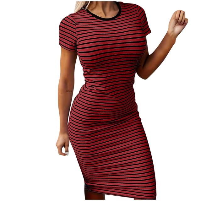 Hyknon Robes pour Femmes Mode Élégante Rayée Slim Manches Courtes Col Rond Robe Décontractée Douce Fluide Ample