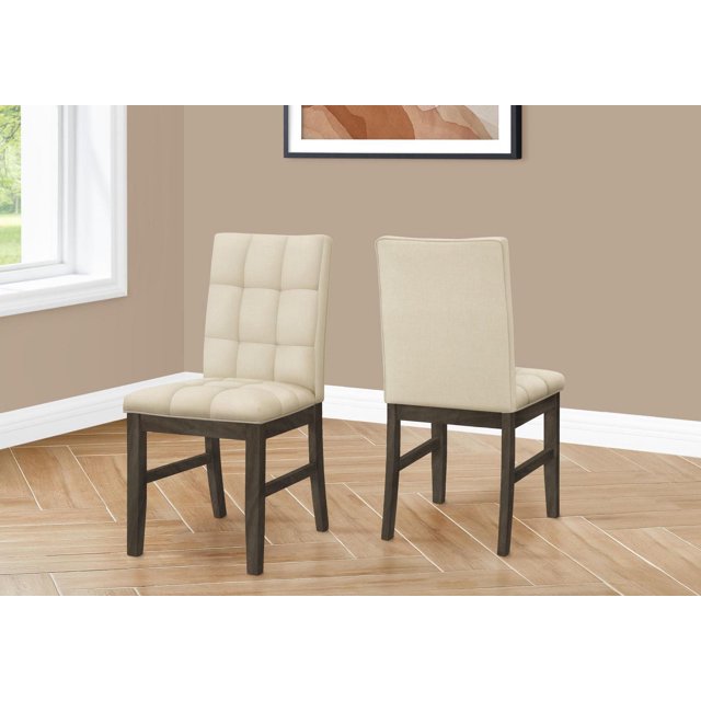 Set of two Monarch Specialties dining chairs featuring cream fabric upholstery and grey solid wood legs in a transitional style.