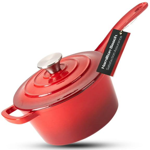 Hamilton Beach 2 Quart Enamel Coated Cast Iron Round Sauce Pan with Lid, Red