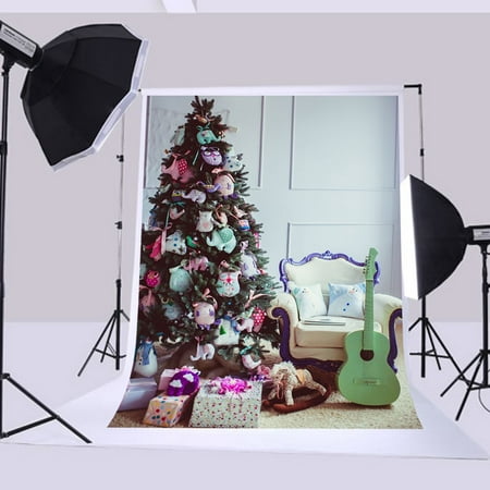 Image of HelloDecor 5x7ft Christmas backdrops Christmas tree gift guitar photo backdrop christmas