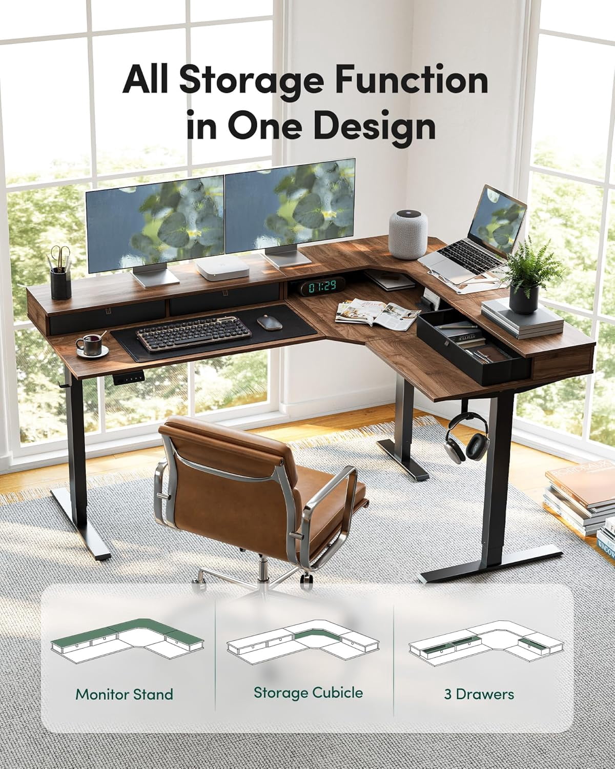 DESINO L Shaped Standing Desk, 63 inch Electric Height Adjustable Home Office Desk with Drawers, Large Ergonomic Computer Desk with Reversible Tabletop, 2 Memory Height Settings, Black Walnut