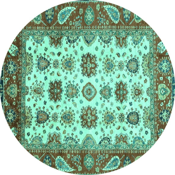 Ahgly Company Machine Washable Indoor Round Abstract Turquoise Blue Modern Area Rugs, 5' Round