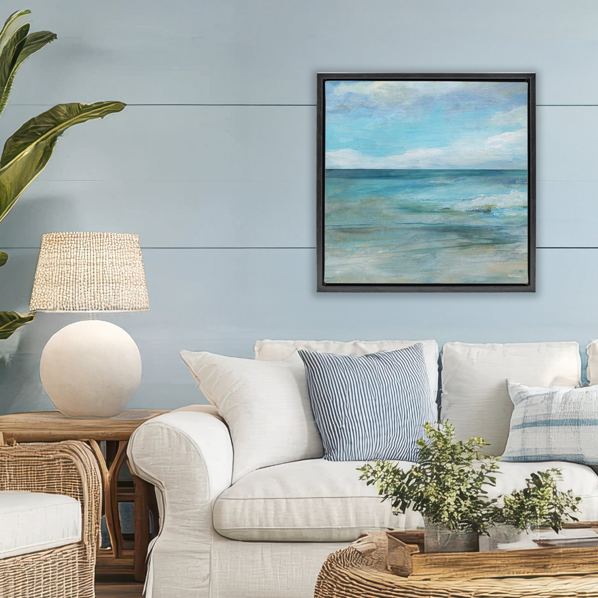 Stupell Industries Aqua Ocean Horizon Abstract Black Framed Floater Canvas Wall Art, design by Carol Robinson
