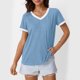 thumbnail image 4 of Blusa de manga larga,Camiseta holgada informal con cuello en V para mujer, blusa de manga corta con patchwork, poliéster, corte cómodo, uso diario, sopatenor, 4 of 8