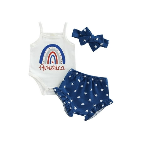 

Qtinghua Newborn Baby Girl 4th of July Outfit Romper Tops+American Flag Ruffle Shorts+Headband 3Pcs Set White 3-6 Months