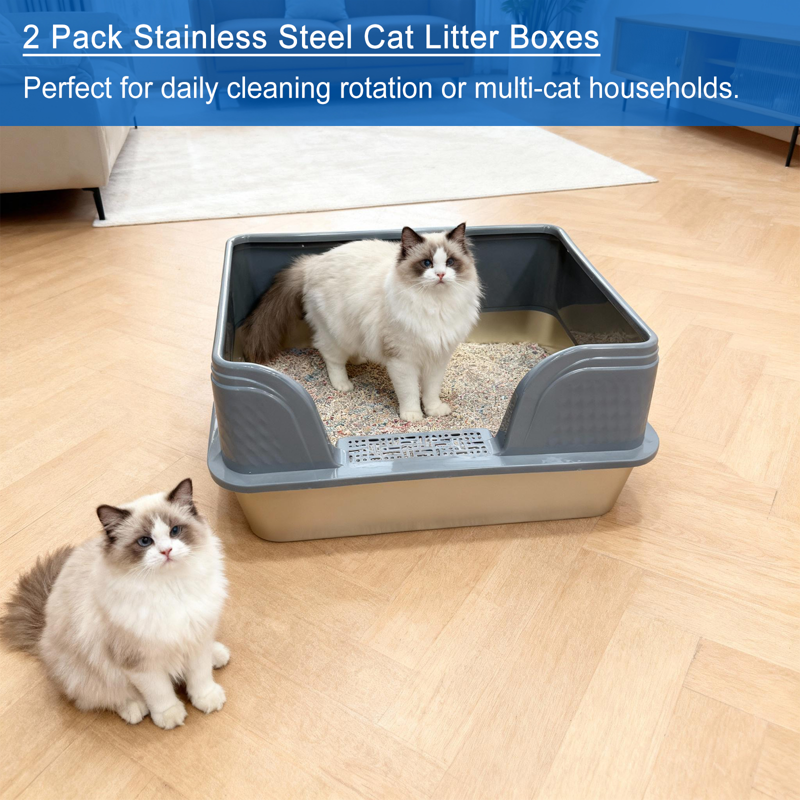 2 Pack Stainless Steel Cat Litter Box with High Sided Lid, 23.6" L x 15.8" W x 11.8" H - XL Metal Litter Box Pan for Big Cats, High Wall Enclosure, Non Stick, No Smell, Easy to Clean, Scoop Included