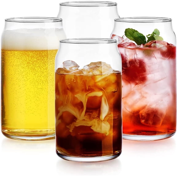 Drinking Glasses Set of 4. Can Shaped Glass Cup Set, 16oz Beer Can Glass Coffee Cups, Cocktail Glasses, Water, Soda, Smoothie, Juice, Can Glasses. Dishwasher Safe