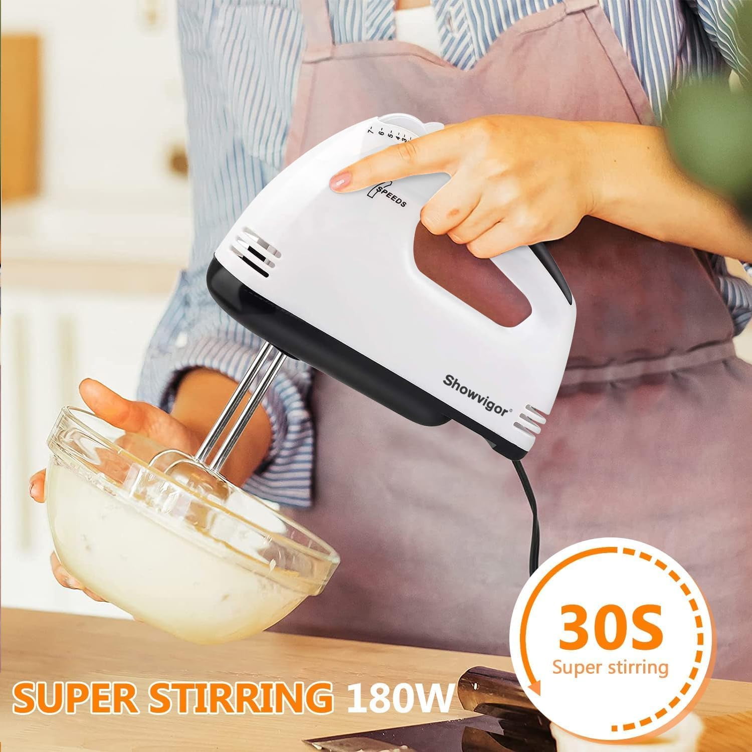 Electric Hand mixer - 7 Adjustable Speed 180W Handheld Mixer Whisk with 5 Stainless Steel Accessories, Turbo Boost/Self-Control + Eject Button Food Beater for Cakes Eggs