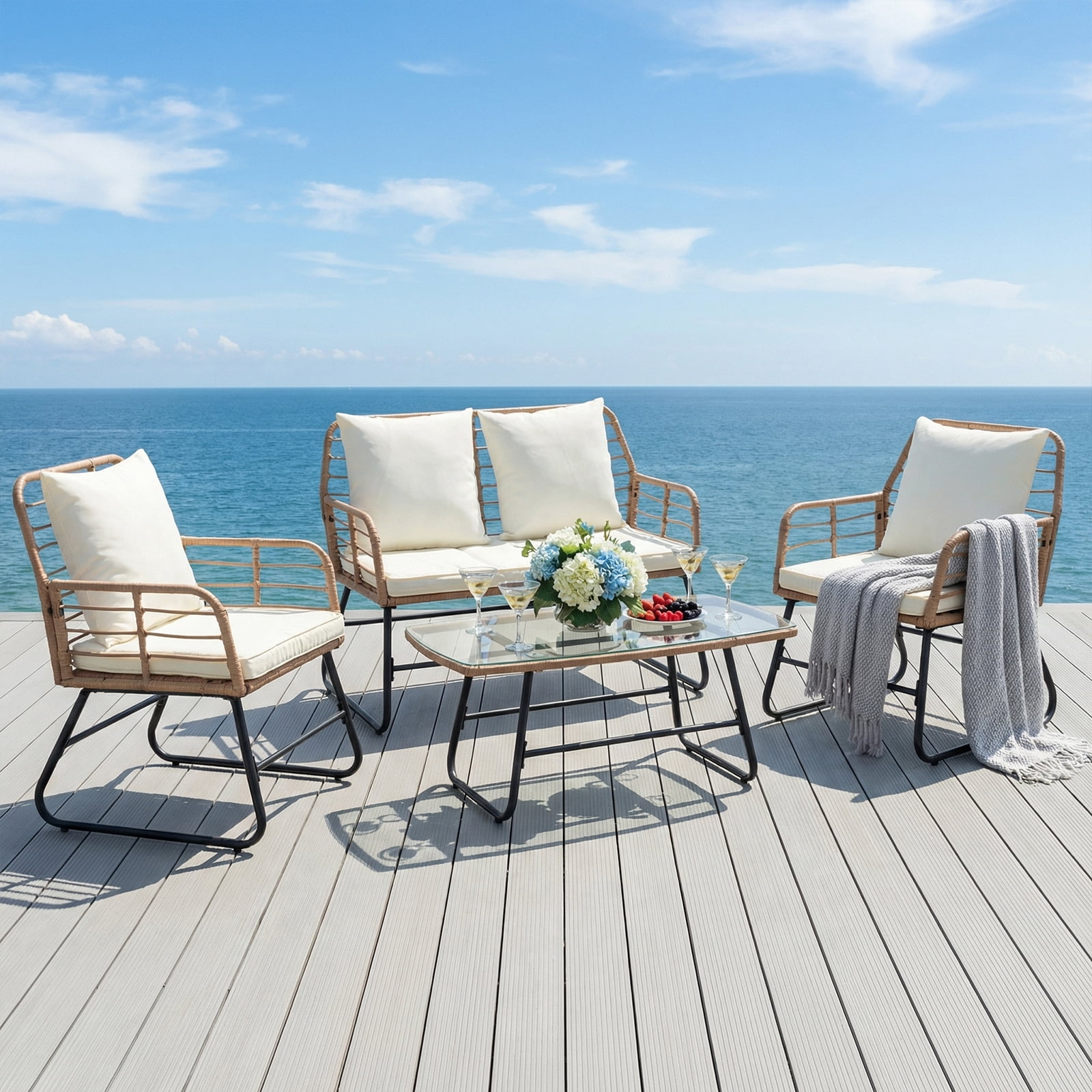 SHOUFTW 4 Piece Patio Furniture Set, Outdoor Patio Seating Set for Apartment Balcony, Space-Saving Rattan Conversation Set with Loveseat and Side Table for Patio, Front Porch & Pool, Small Spaces
