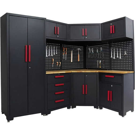 HPDMC 16PCS Corner Garage Storage Cabinet System - Heavy Duty Workshop Set w/Corner Cabinet Includes Workbench, Pegboard & Lockable Drawers | Metal Tool Organization System for Garage/Workshop