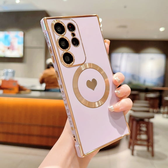 For Samsung Galaxy S25 Ultra Cute Love Heart Pattern Phone Case for Women Girls,Compatible with Magsafe Wireless Charging,Luxury Plating Edge Soft Silicone Shockproof Slim Phone Case,Purple