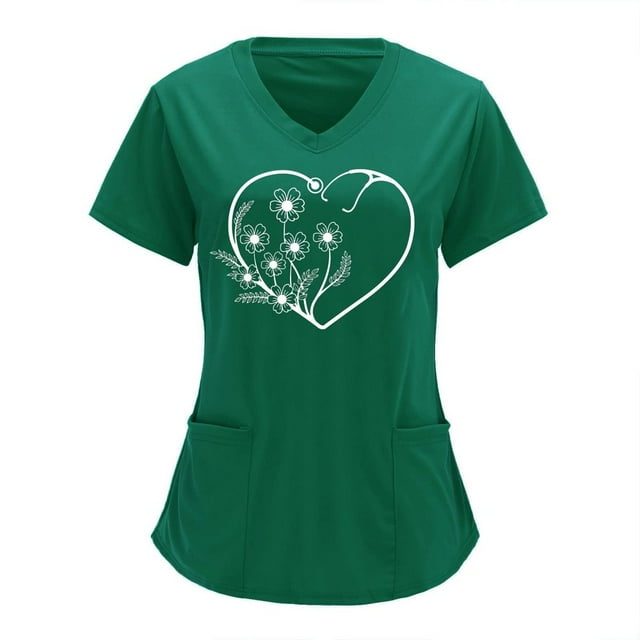 Haut de Blouse Médicale pour Femmes Col en V Couleur Unie Combinaisons Impression Partielle Manches Courtes Uniforme de Travail