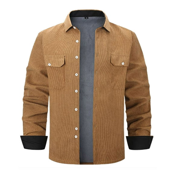 ZCFZJW Mens Corduroy Shirt Jackets Casual Button Up Shirts Long Sleeve Lightweight Sherpa Fleece Thick Warm Shacket Jacket with Flap Pockets Khaki XL
