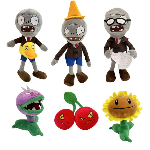 6Pcs Plants vs Zombies Plush Toys Zombie Sets,Ducky Newspaper Conehead Zombie,Sunflower Chomper Cherry Bomb Plant Soft Plants vs Zombies Toys PVZ Plush 1 2 for Birthday,Party,Halloween & Christmas