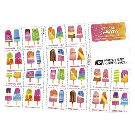 Frozen Treats Book of 20 USPS First Class Postage Stamp Scratch and Sniff Frosty, Colorful, Icy Pops on a Stick Celebration Wedding(20 Stamps)